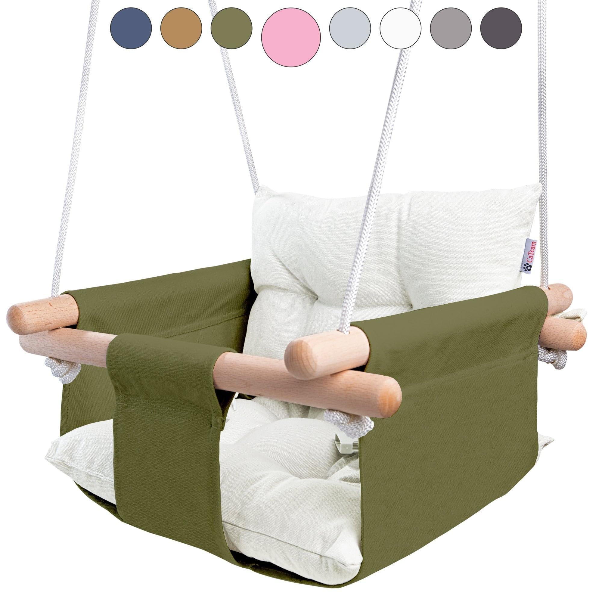 Canvas Baby Swing Wooden Hanging Swing Seat Chair with Safety Belt Durable Baby Swing Chair Outdoor and Indoor Swing for Kids Mounting Hardware Included Green