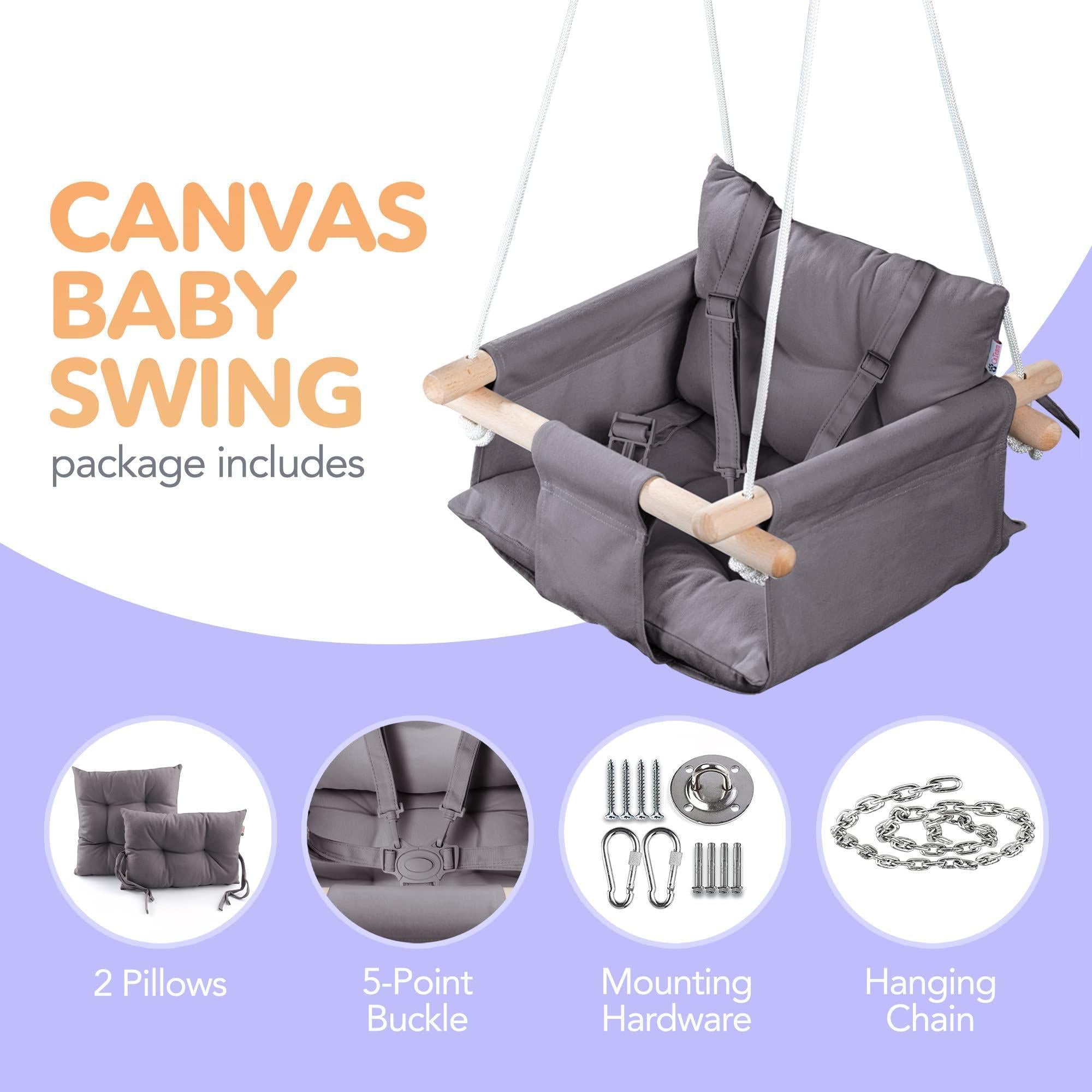 Dark Gray Canvas Baby Swing Wooden Hanging Swing Seat Chair with Safety Belt Durable Baby Swing Chair Outdoor and Indoor Swing for Kids Mounting Hardware Included Dark Gray
