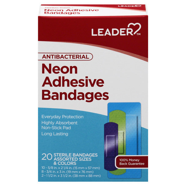 Leader™ Antibacterial Neon Adhesive Bandages – Assorted Sizes & Colors