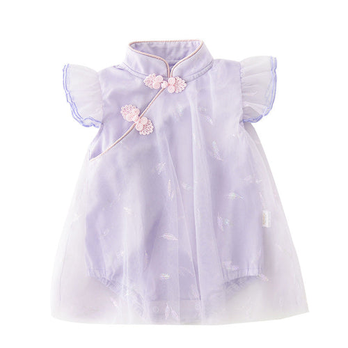 Baby Girl's Antique Style Buckle Mesh Feather Triangle Rompers Infant Onesie Dress