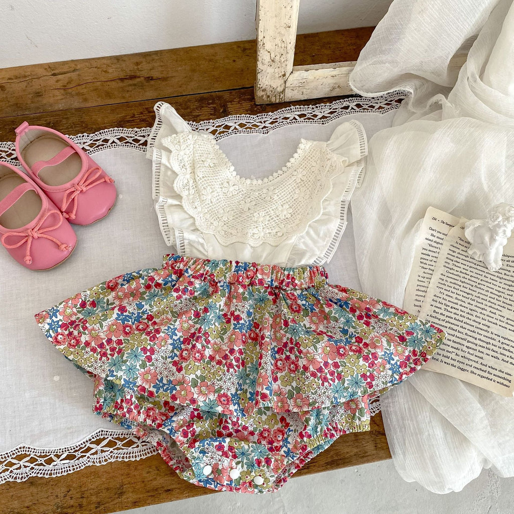 Baby Flounced Sleeve Suspender Fake Two Pieces Bottom-covering Rompers