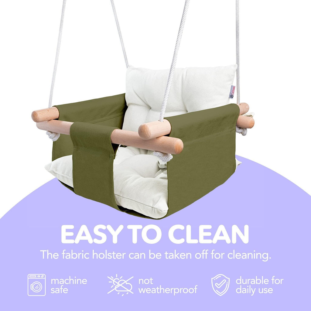 Canvas Baby Swing Wooden Hanging Swing Seat Chair with Safety Belt Durable Baby Swing Chair Outdoor and Indoor Swing for Kids Mounting Hardware Included Green