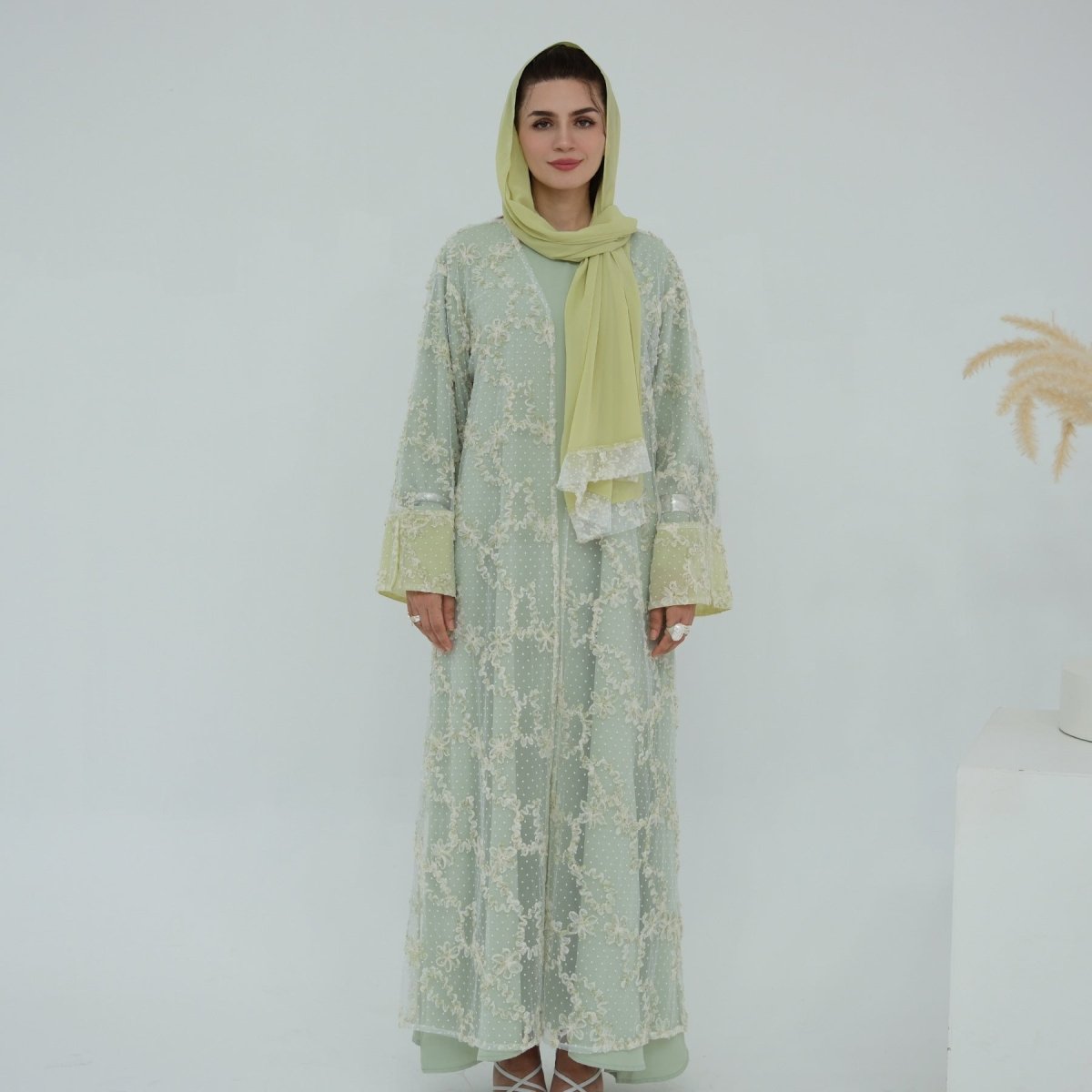 3D Floral Mesh Open Abaya (MOA288)