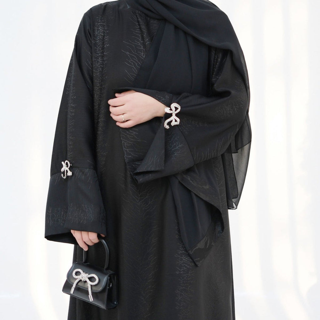3D Jacquard Bow Abaya & Hijab Set | Butterfly Sleeve Brocade Dress(MA352)