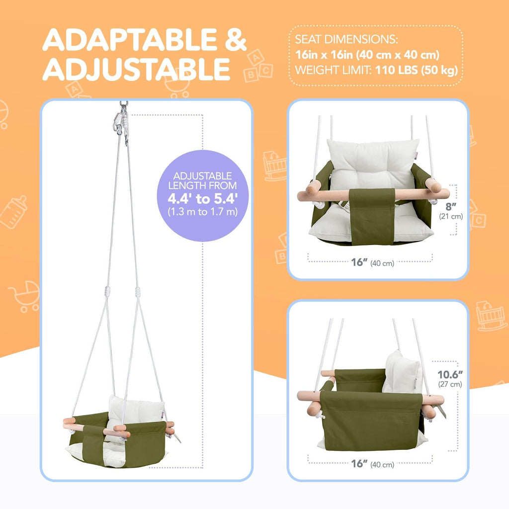 Canvas Baby Swing Wooden Hanging Swing Seat Chair with Safety Belt Durable Baby Swing Chair Outdoor and Indoor Swing for Kids Mounting Hardware Included Green