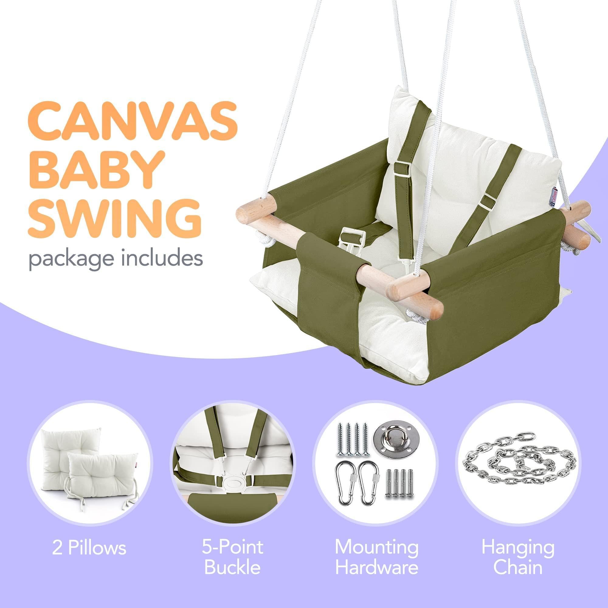 Canvas Baby Swing Wooden Hanging Swing Seat Chair with Safety Belt Durable Baby Swing Chair Outdoor and Indoor Swing for Kids Mounting Hardware Included Green