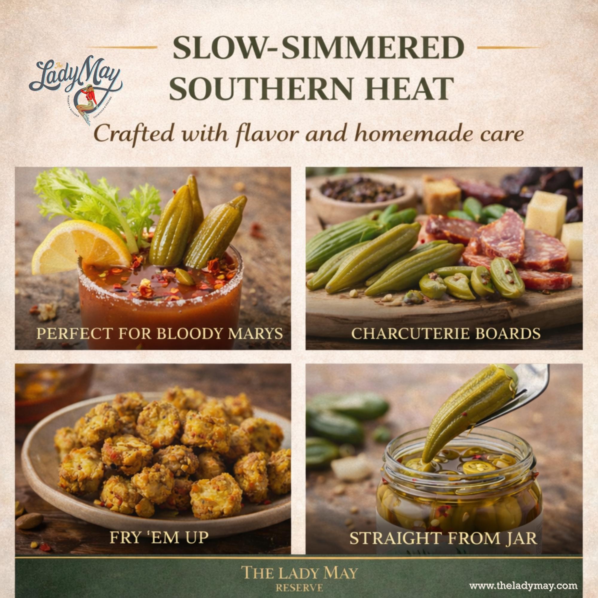 Lady May Sweet & Spicy Pickled Okra – 2 Pack (24oz Jars) – Southern Style Whole Fresh Okra Pods – Small Batch Restaurant Made – Sweet Heat with Jalapeño & Garlic