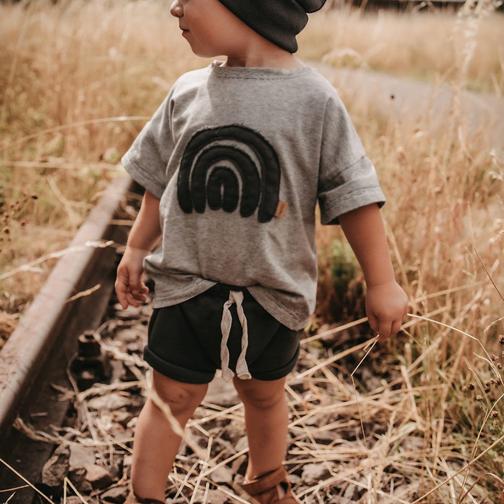 Baby Boys And Girls Cute Round Neck Rainbow Embroidered Short Sleeve