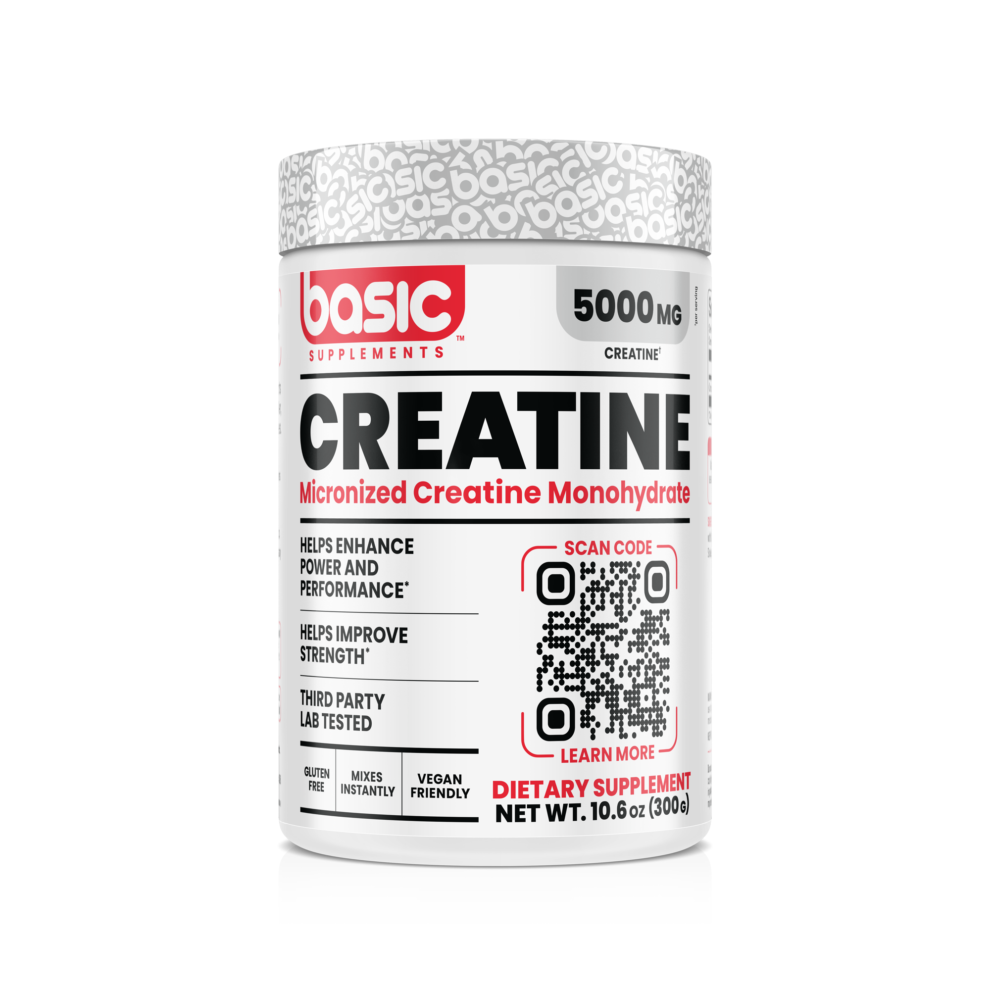 BASIC Supplements Micronized Creatine Monohydrate, Unflavored, 5,000mg, 60 Servings