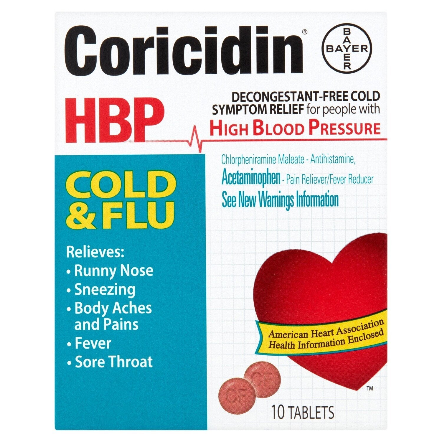Coricidin HBP Cold & Flu Relief, Decongestant-Free Tablets, 10 ct