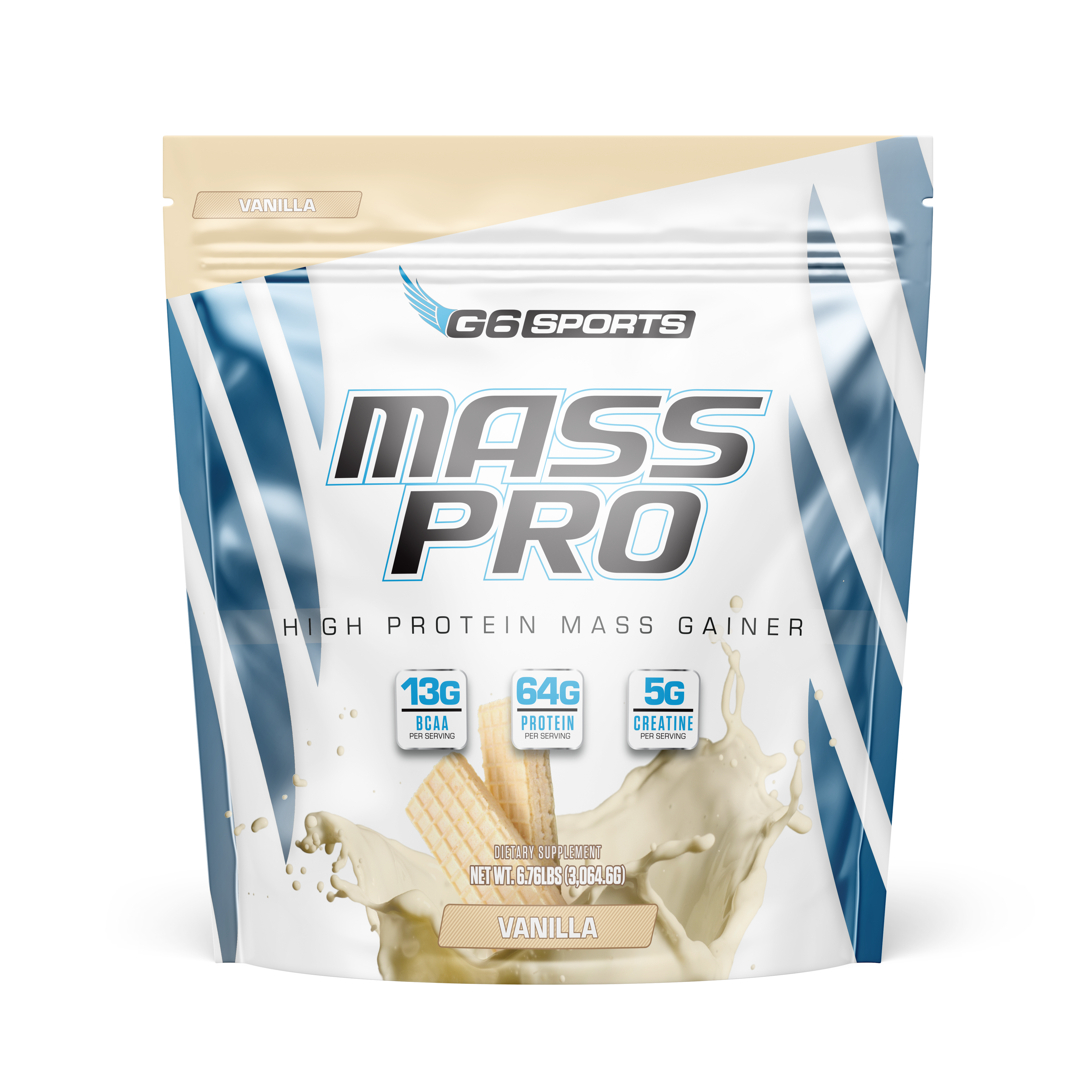 G6 Sports Mass Pro High Protein Mass Gainer, Vanilla, 6.76 lb (14 Servings)