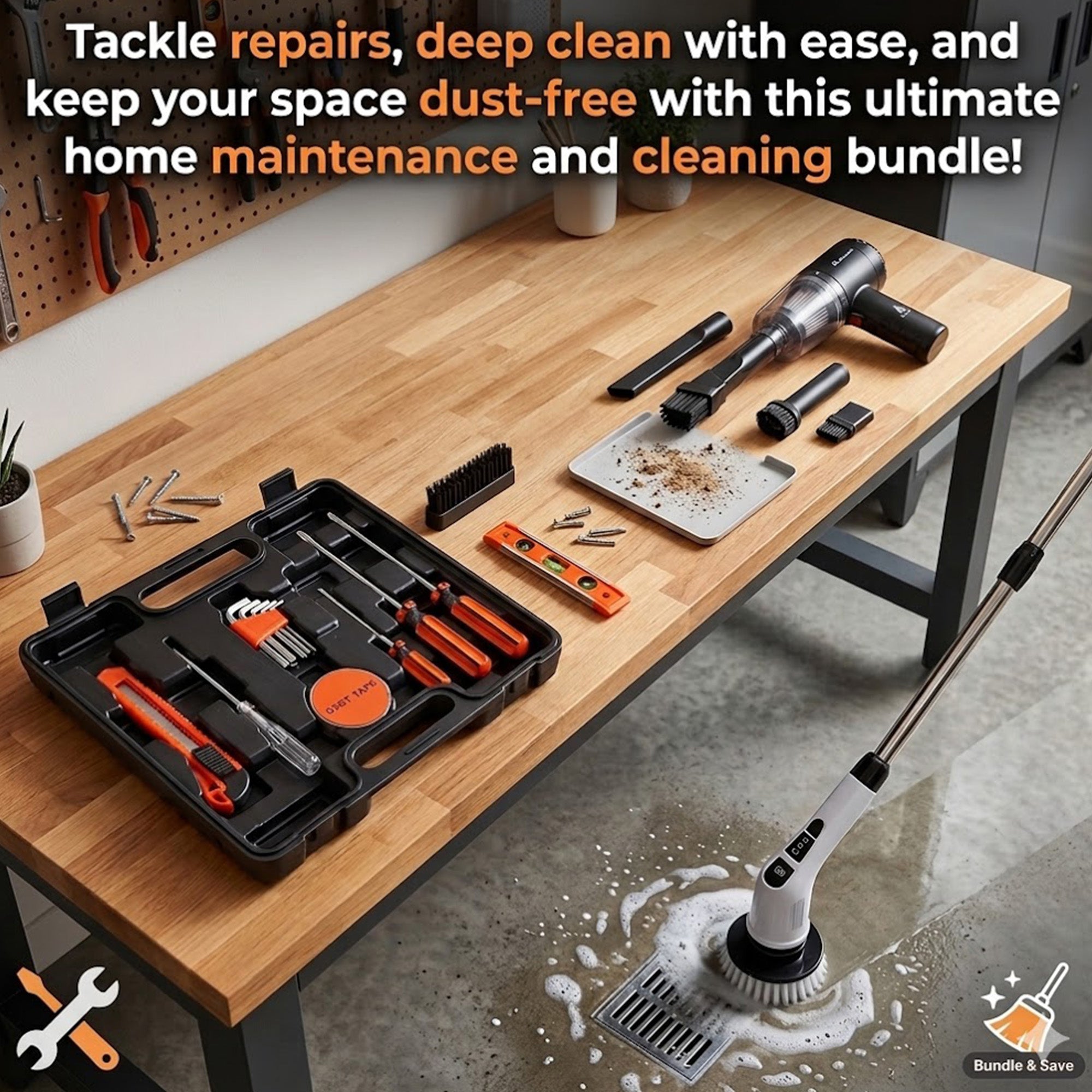 🛠️ Handy Solutions 16-Piece Tool Kit + Cordless Power Scrubber + 2-in-1 Mini Wireless Vacuum & Air Duster Bundle 🌟