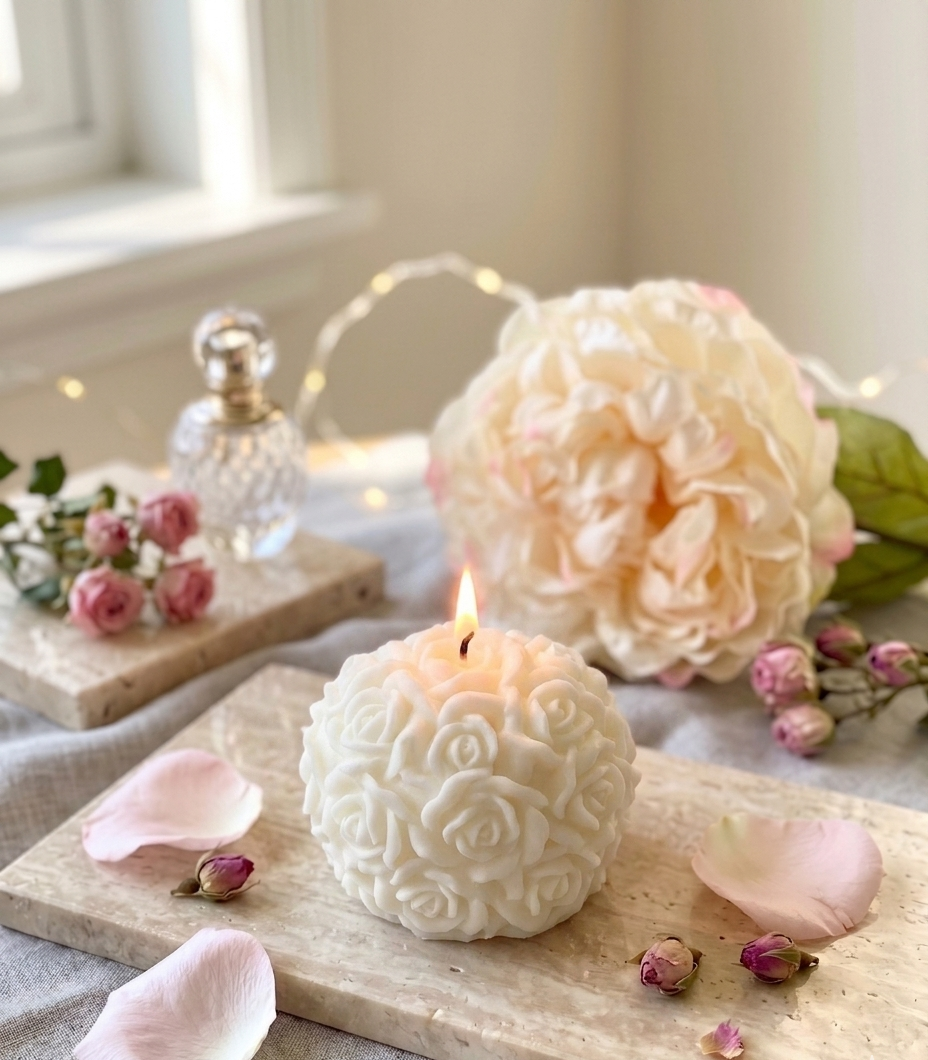 Rose Blossom Sculpture Candle – Hand-Poured Soy Wax | Ivory & Rose Pink