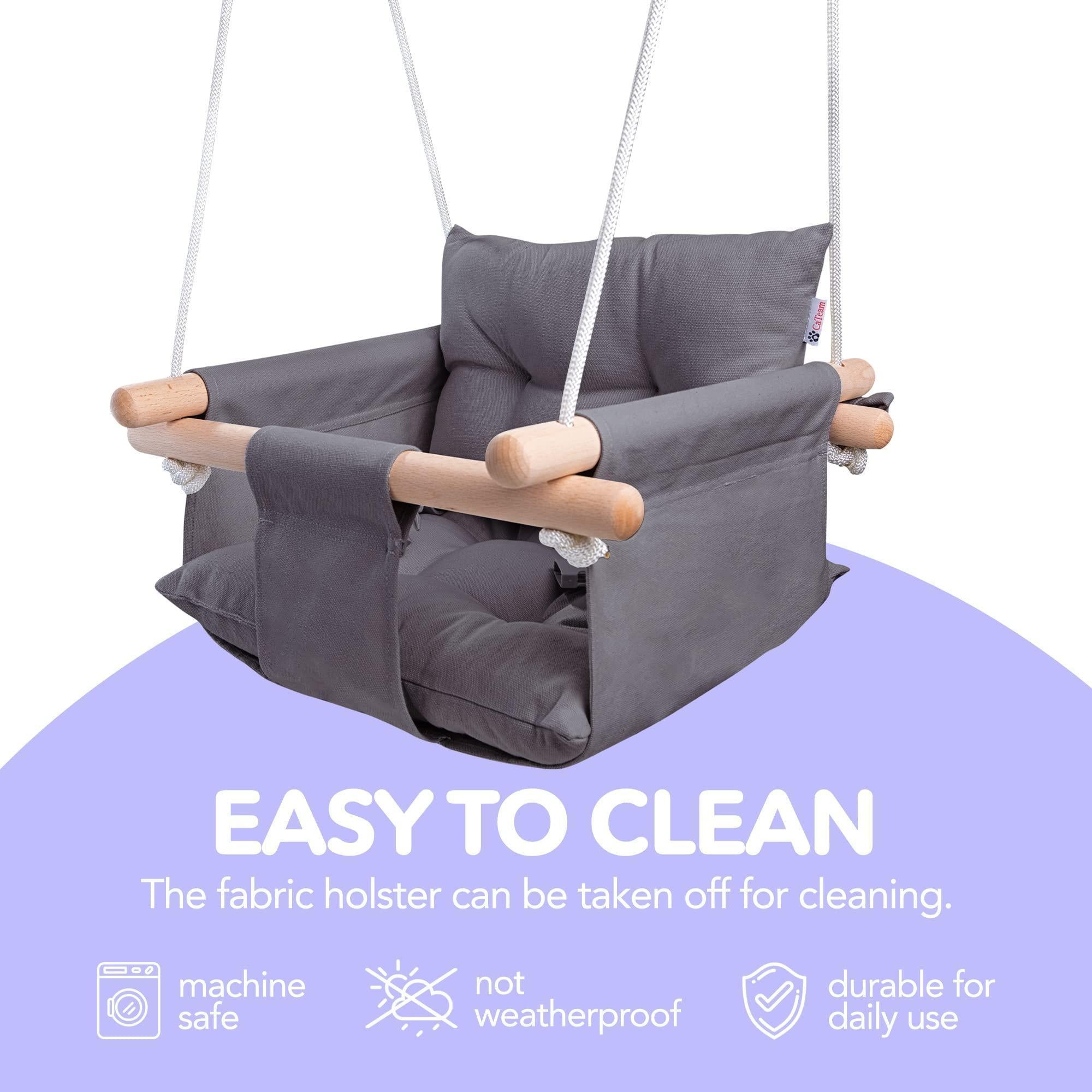 Dark Gray Canvas Baby Swing Wooden Hanging Swing Seat Chair with Safety Belt Durable Baby Swing Chair Outdoor and Indoor Swing for Kids Mounting Hardware Included Dark Gray