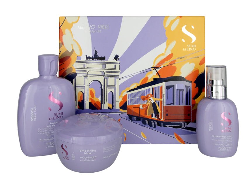 Alfaparf Milano Semi Di Lino Smooth Gift Set for Rebel and Frizzy Hair - Sulfate Free Shampoo, Hair Mask and Smoothing Cream - Anti Frizz Control
