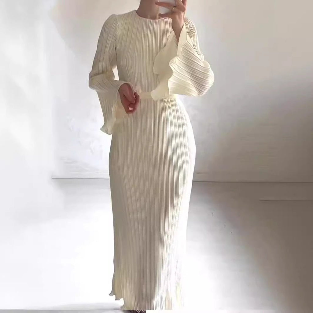 Autumn New Pleated Flared Sleeve Wedding Guest  Dress Abaya with Belt(MA193)