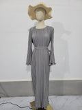 Autumn New Pleated Flared Sleeve Wedding Guest  Dress Abaya with Belt(MA193)
