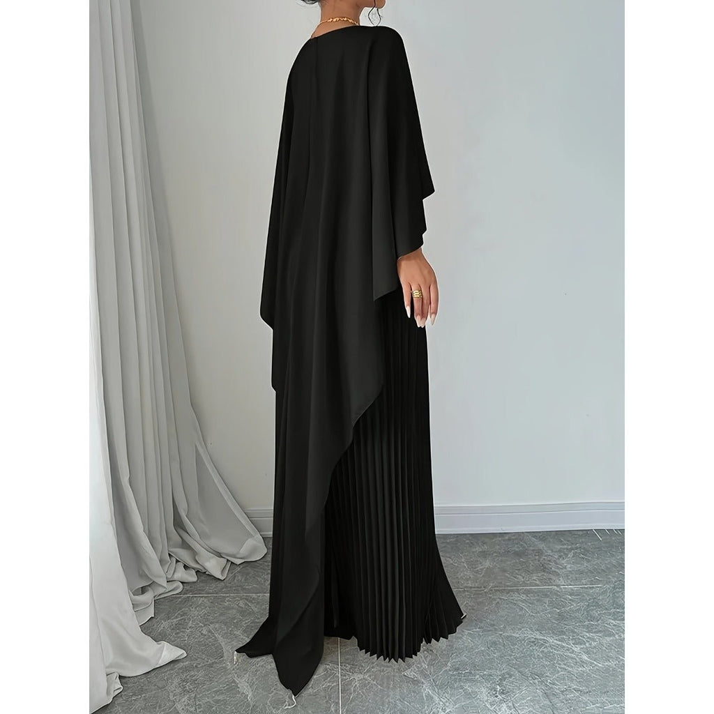 Bat Sleeve Pleated Maxi Dress | Cream White Cape Dress with Dramatic Bell Sleeves (MA241)