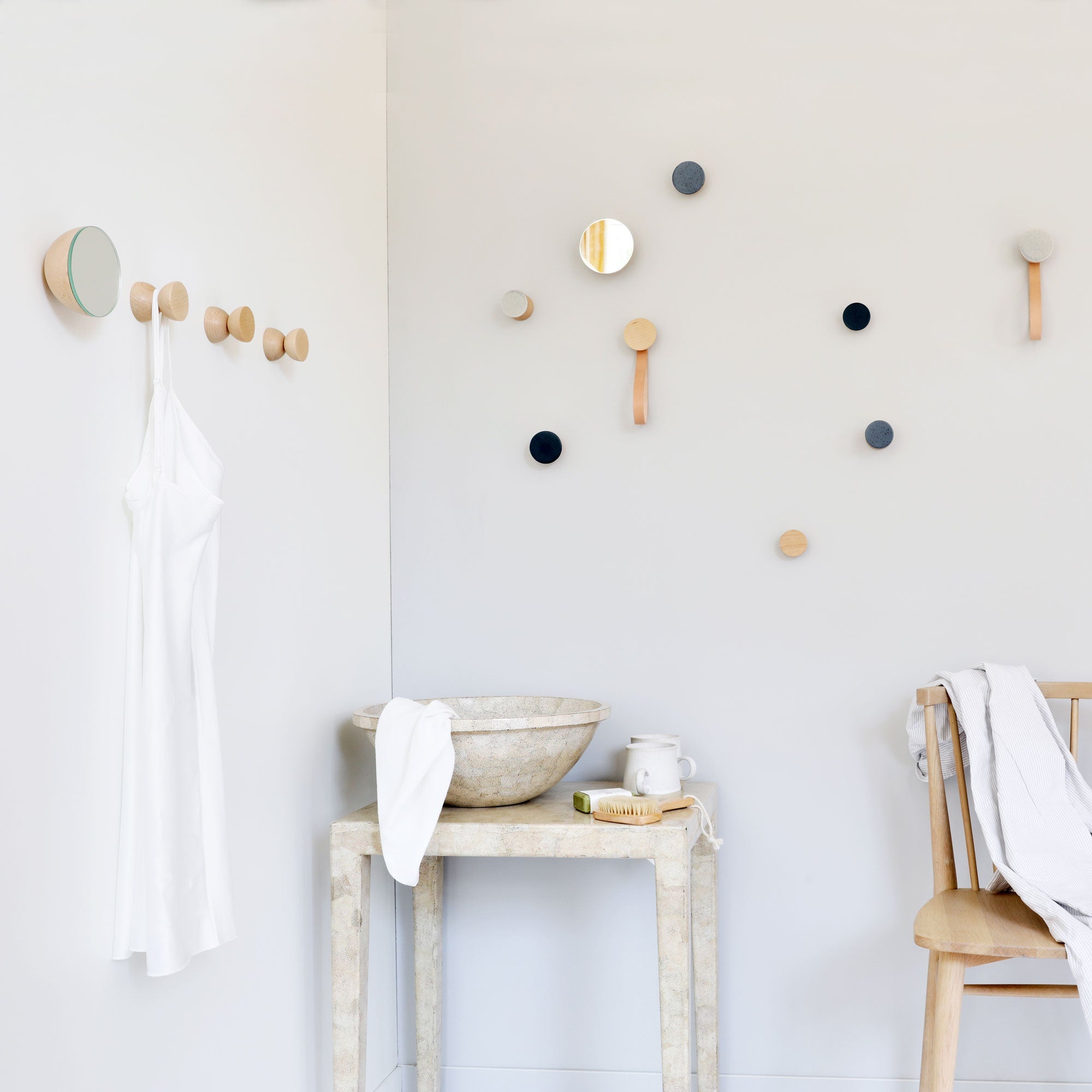 Round Beech Wood Wall Mounted Mirror Coat Hook