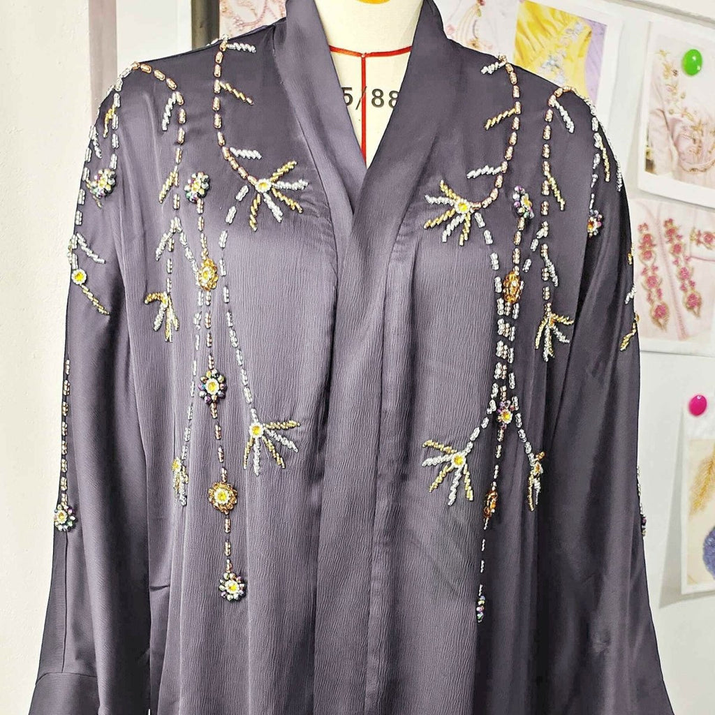 Beaded Floral Vine Abaya | Open-Front Embellished Cardigan (MOA268)