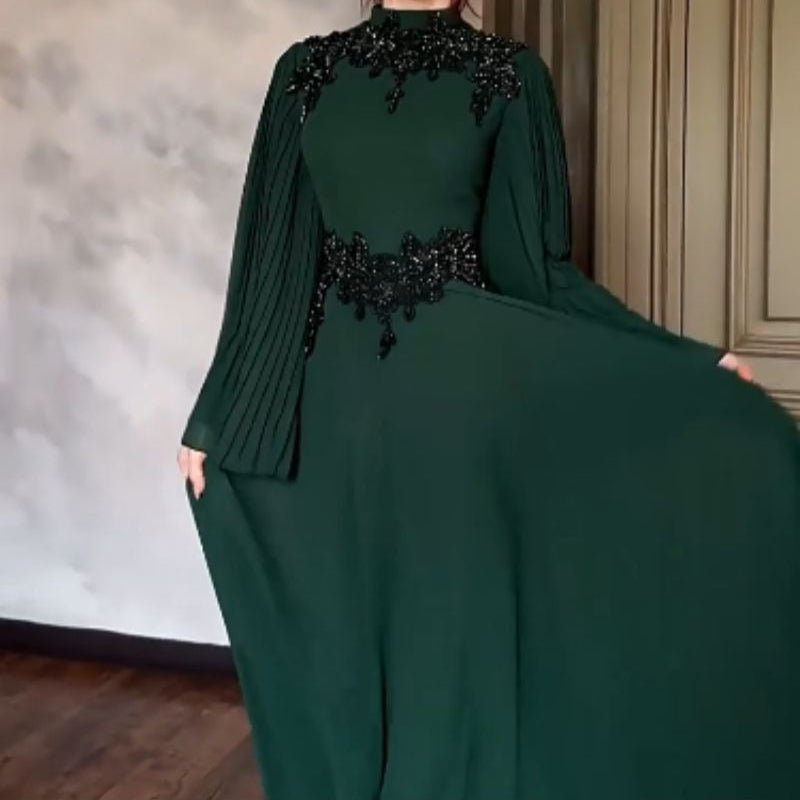 Beaded Lace Evening Gown | Pleated Sleeve Maxi Dress with Crystal Applique(MA346)