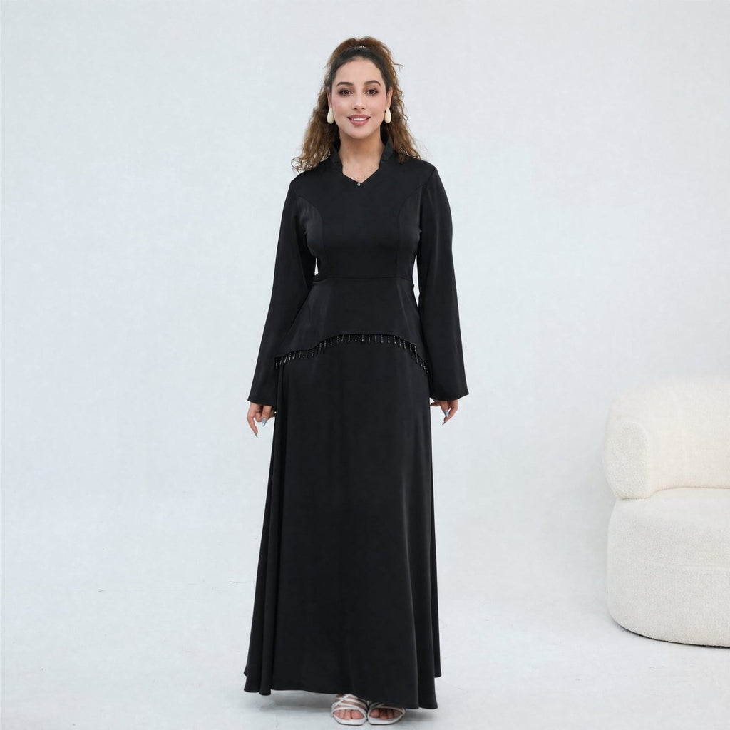 Beaded-Waist Corset-Back Flared-Sleeve Maxi Dress(MS476)