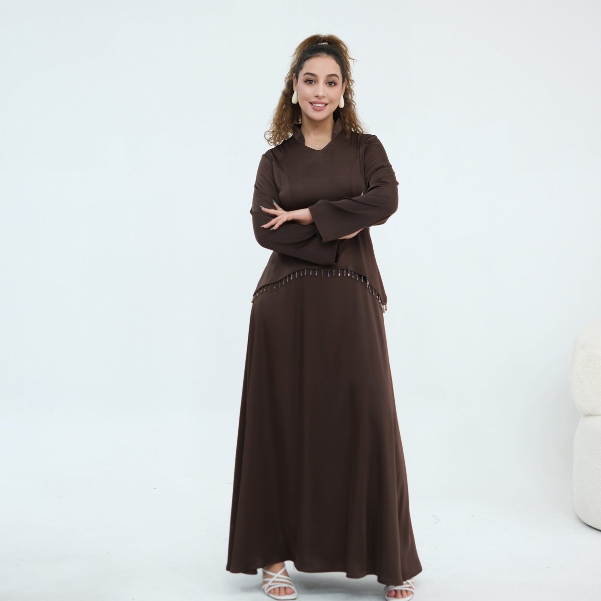 Beaded-Waist Corset-Back Flared-Sleeve Maxi Dress(MS476)