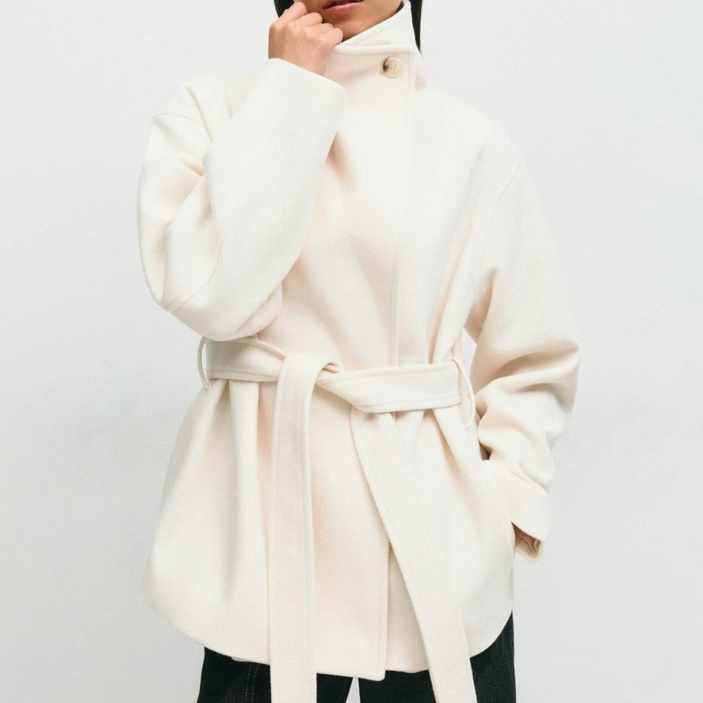 Belted Wrap Coat with Wide Collar | Double-Faced Wool Blend Jacket(MS254)