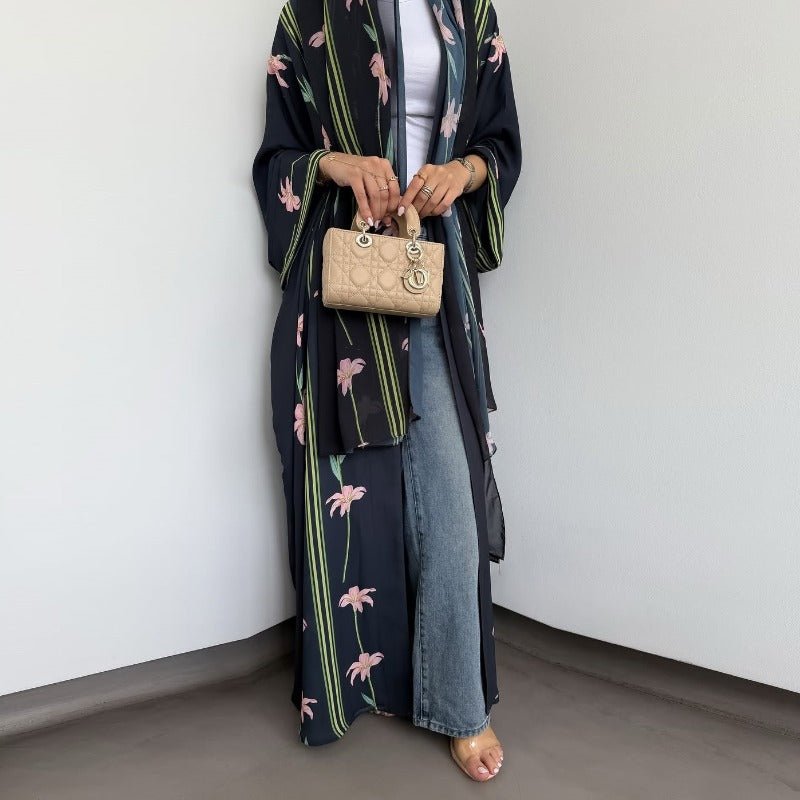 Black Floral Print Abaya Set | Lightweight Breathable Cardigan with Matching Hijab(MOA230)