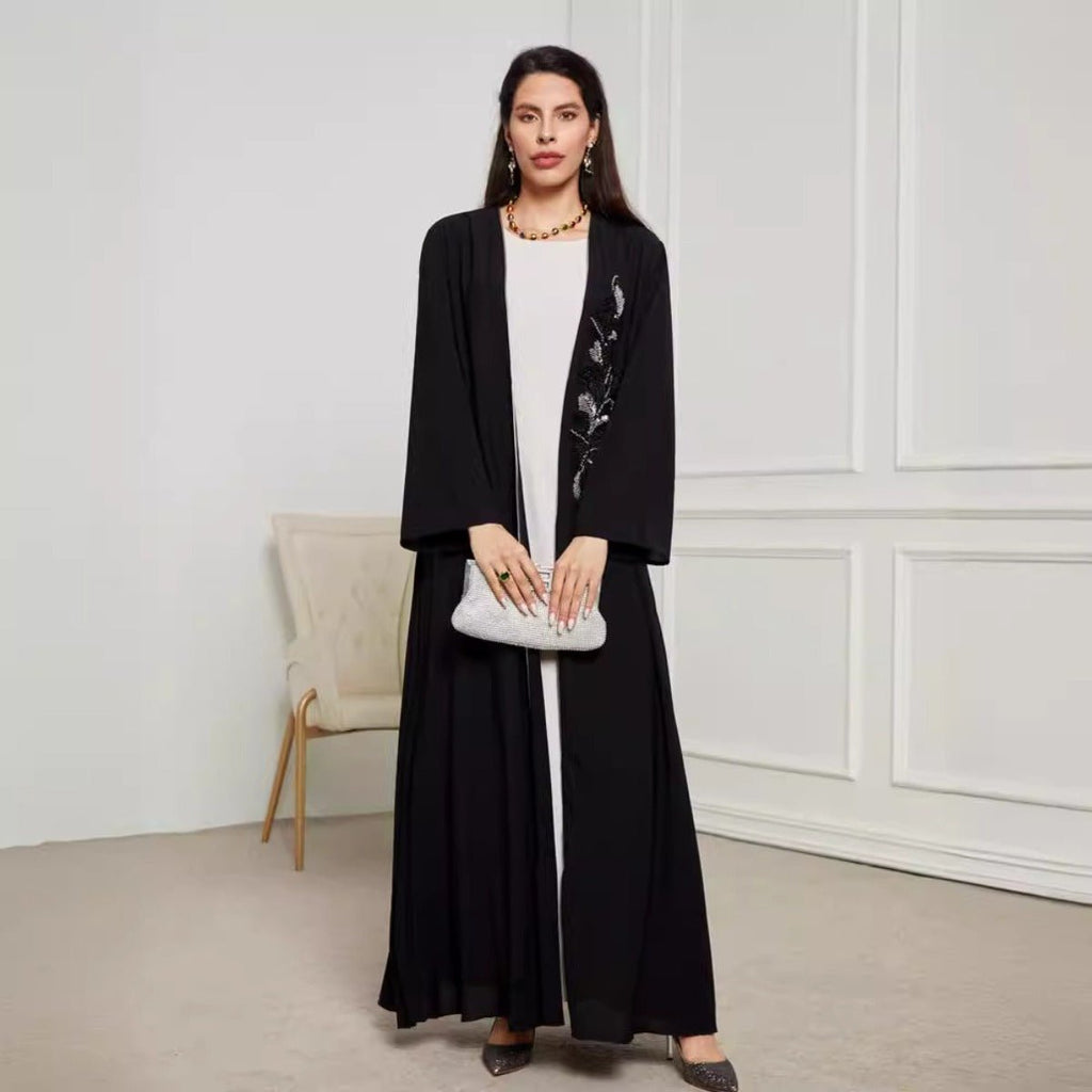 Black & Silver Embroidered Open Front Robe - Modest Elegant Abaya(MOA216)