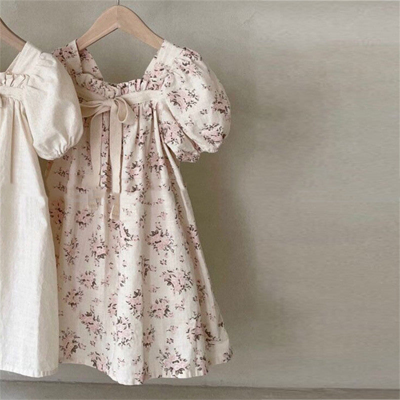 Girls Bow Bubble Sleeve Floral Square Neck Dress