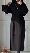 Casual Knitted Modest Dress with Flared Sleeves - Muslim-Friendly Crew Neck Pullover Maxi Dress with Belt(MS104)