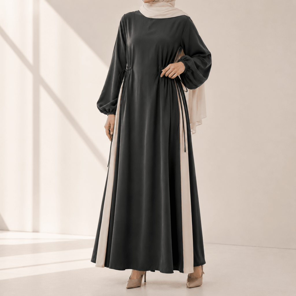 Contrast Panel  Abaya with Drawstring Detail & Balloon Sleeves(MA421)