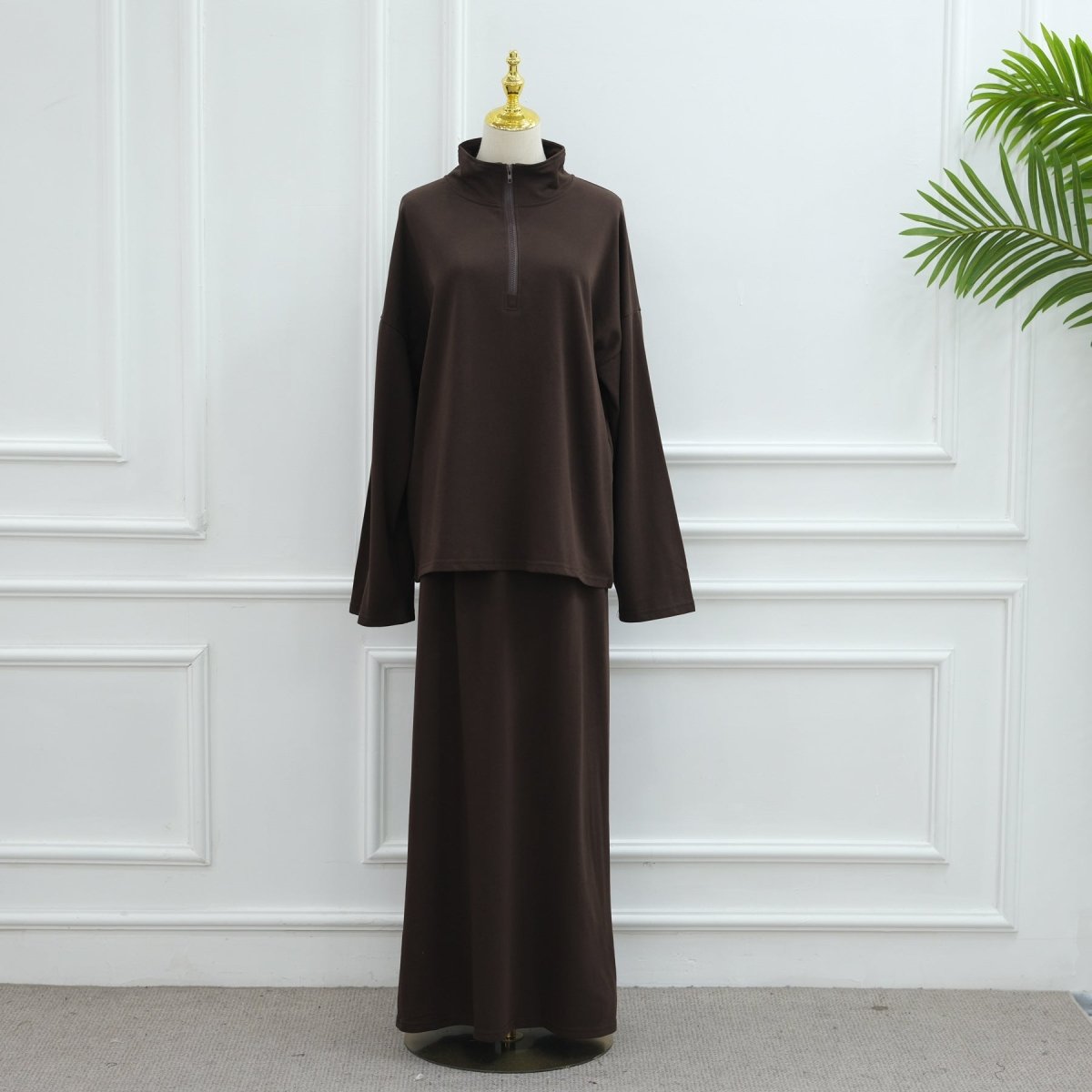 Cotton Half-Zip Top & Maxi Skirt Set(MS441)