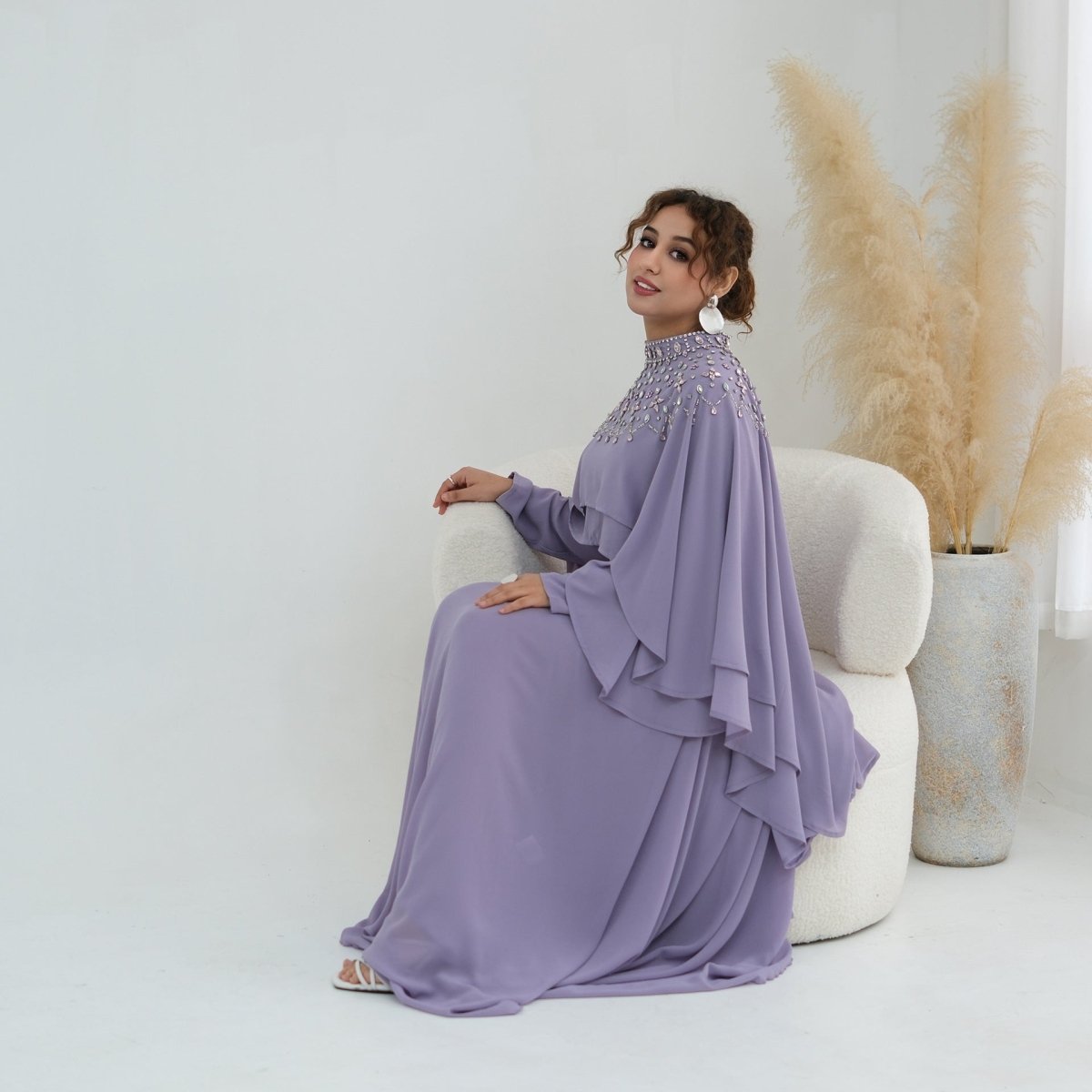 Crystal Embellished Cape Sleeve Chiffon Maxi Dress Set(MS461)