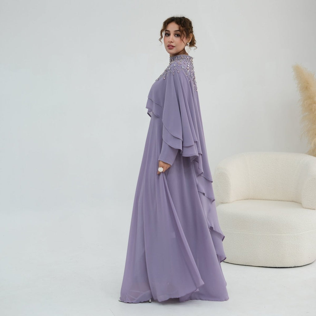 Crystal Embellished Cape Sleeve Chiffon Maxi Dress Set(MS461)