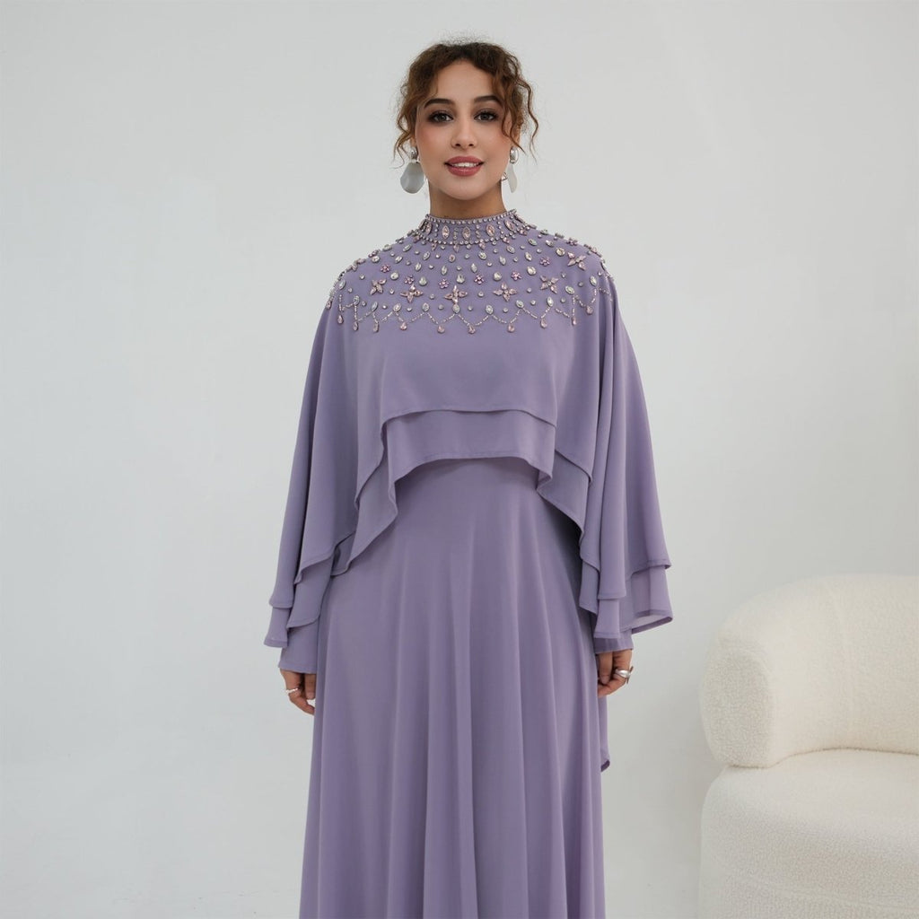 Crystal Embellished Cape Sleeve Chiffon Maxi Dress Set(MS461)