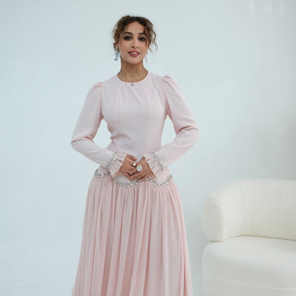 Crystal-Trim Ruffle Cuffs Maxi Dress(MS458)