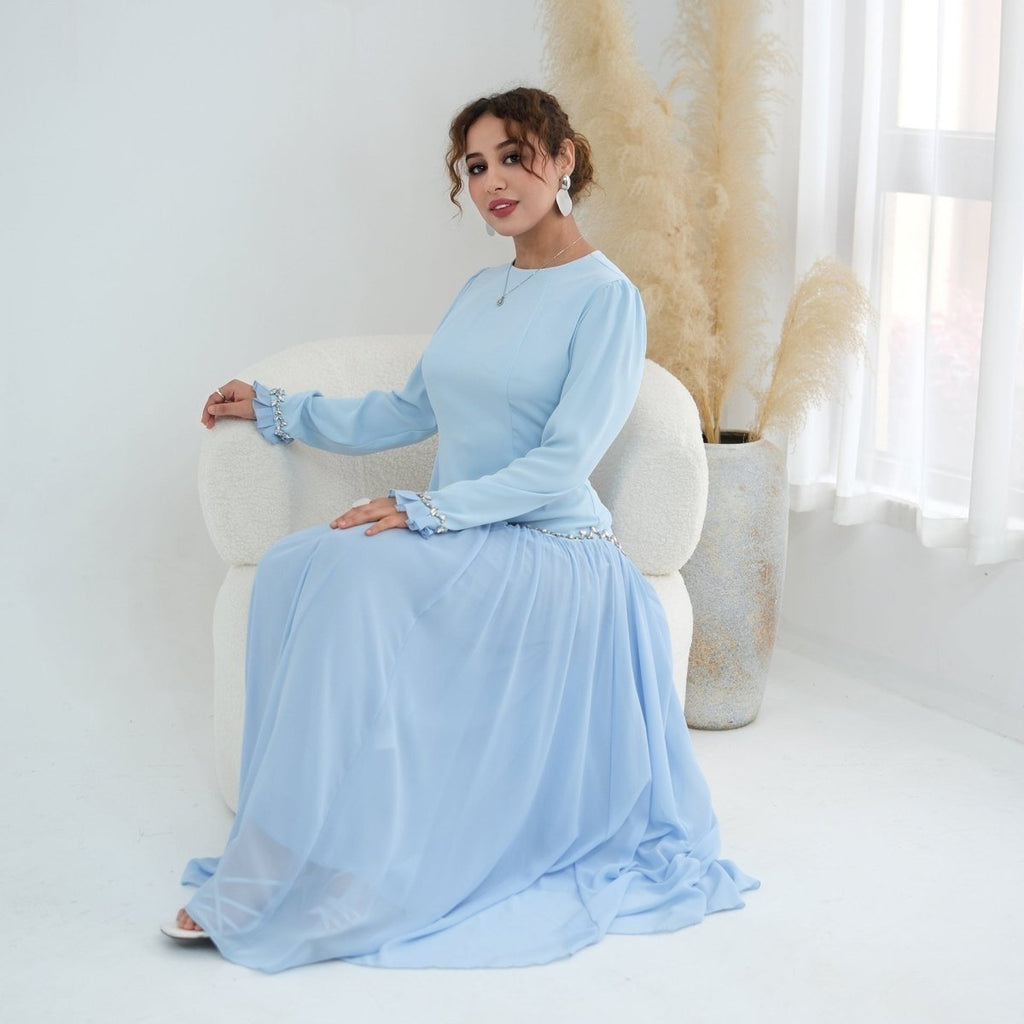 Crystal-Trim Ruffle Cuffs Maxi Dress(MS458)