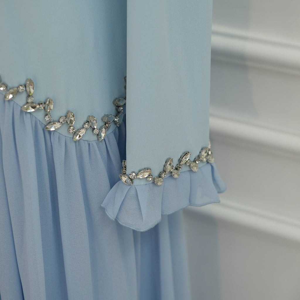 Crystal-Trim Ruffle Cuffs Maxi Dress(MS458)