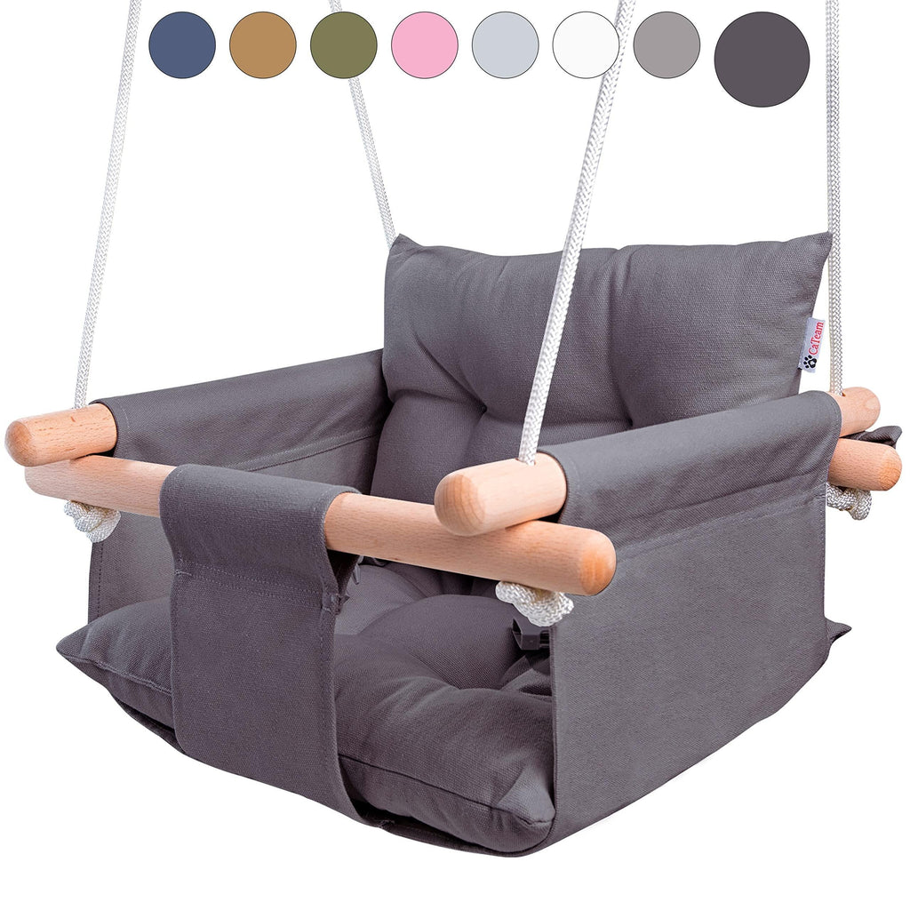 Dark Gray Canvas Baby Swing Wooden Hanging Swing Seat Chair with Safety Belt Durable Baby Swing Chair Outdoor and Indoor Swing for Kids Mounting Hardware Included Dark Gray
