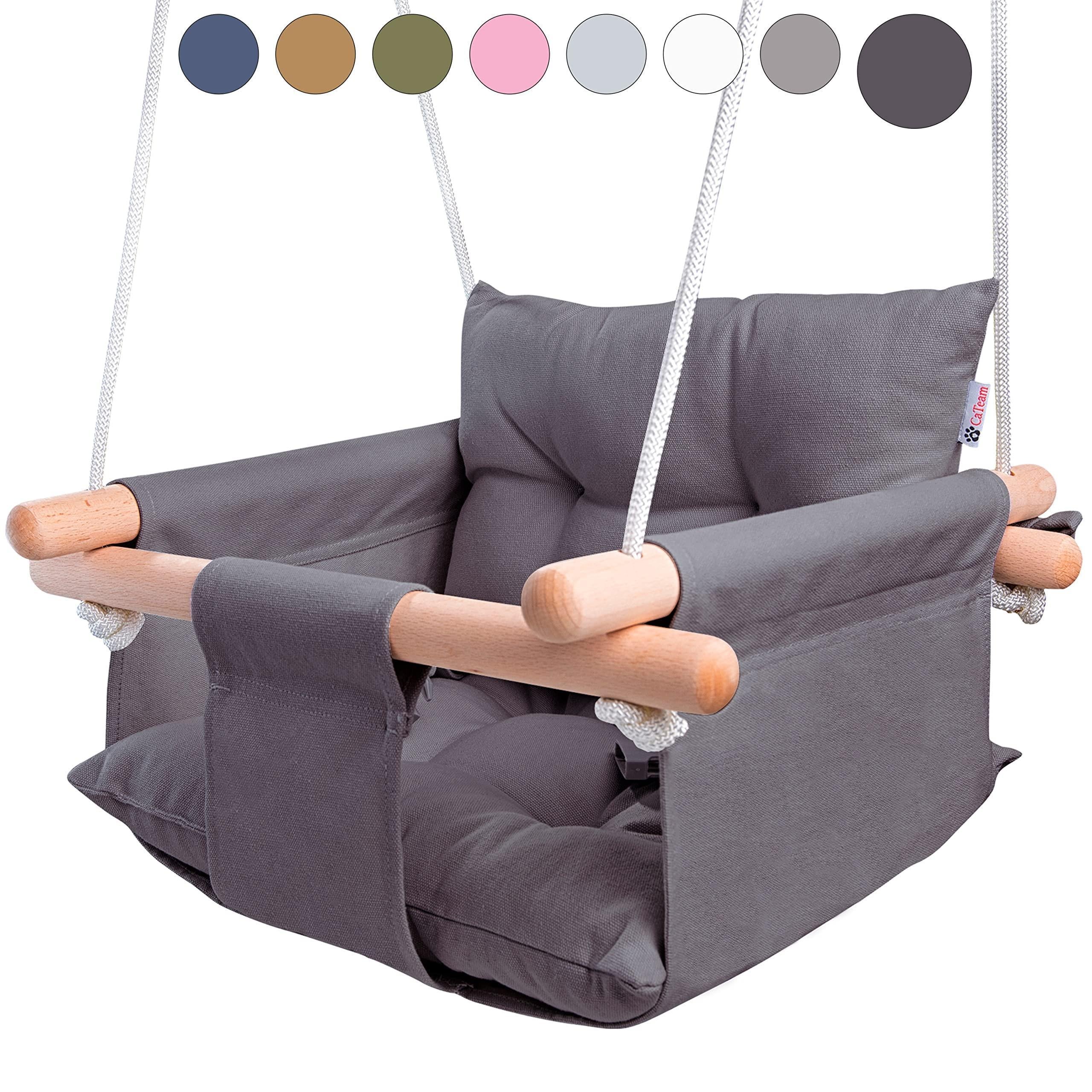 Dark Gray Canvas Baby Swing Wooden Hanging Swing Seat Chair with Safety Belt Durable Baby Swing Chair Outdoor and Indoor Swing for Kids Mounting Hardware Included Dark Gray