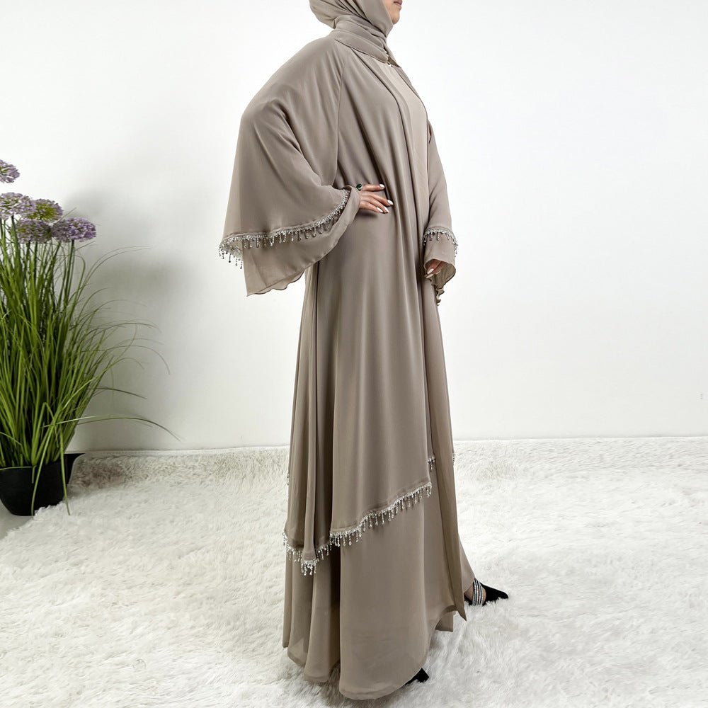 Diamond Beaded Fringe Flare Sleeve Chiffon Maxi Abaya Set (MOA148)