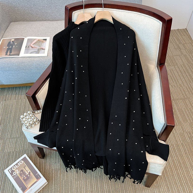 Diamond Embellished Cape Cardigan | Fringe Trim Knit Shawl Sweater(MS211)