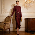 Draped Satin Skirt Dress with Jeweled Brooch(MS321)