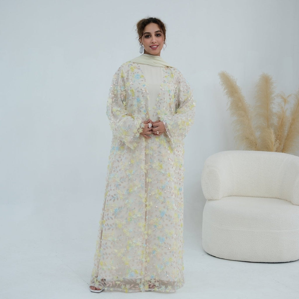 Dreamy 3D Flower Mesh Open Abaya Set(MOA313)