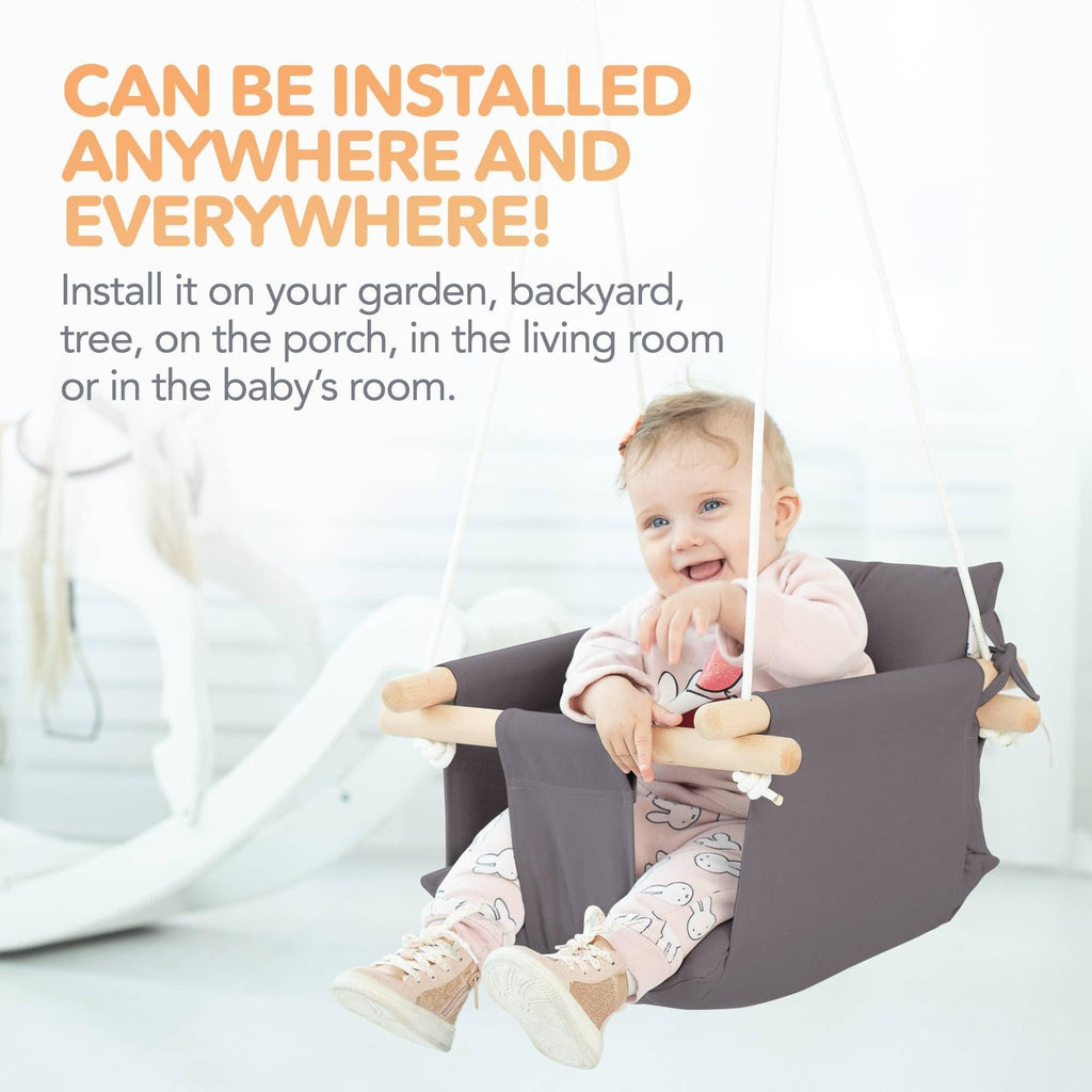 Dark Gray Canvas Baby Swing Wooden Hanging Swing Seat Chair with Safety Belt Durable Baby Swing Chair Outdoor and Indoor Swing for Kids Mounting Hardware Included Dark Gray