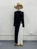 Elegant High Neck Long Sleeve Black & White Spliced Pleated  Dress Abaya with Puffed Shoulders(MA195)