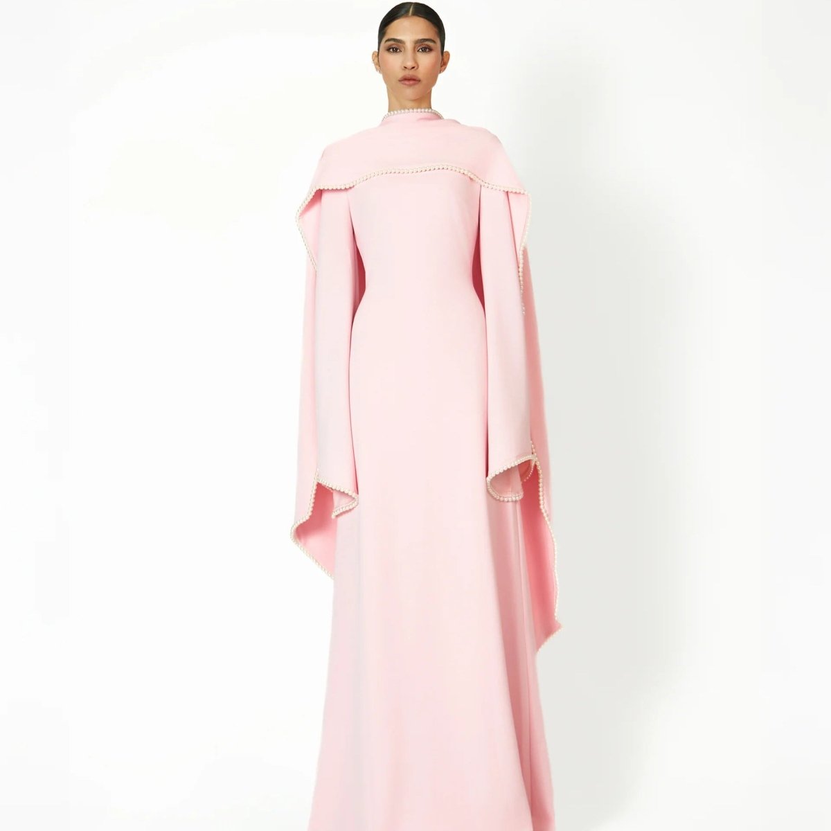 Elegant Pearl Embellished Cape Sleeve Evening Dress(MA337)