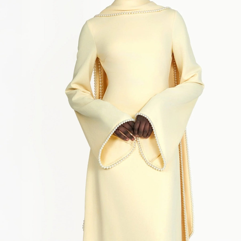 Elegant Pearl Embellished Cape Sleeve Evening Dress(MA337)